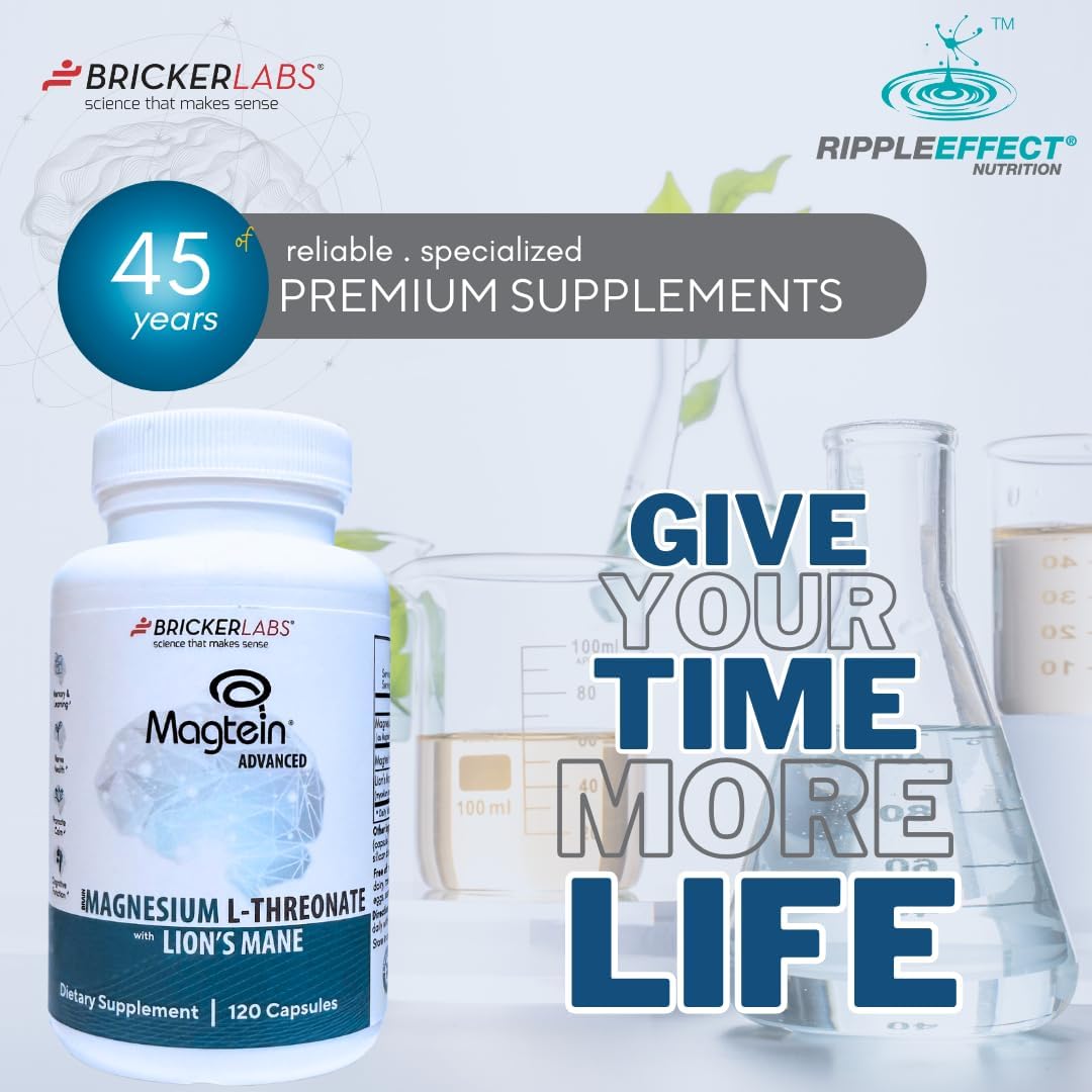 Bricker Labs Magtein® & Lion’s Mane-Advanced Magnesium L-Threonate Formula for Brain Health, Memory & Focus-Cognitive Support Supplement, 120 Capsules