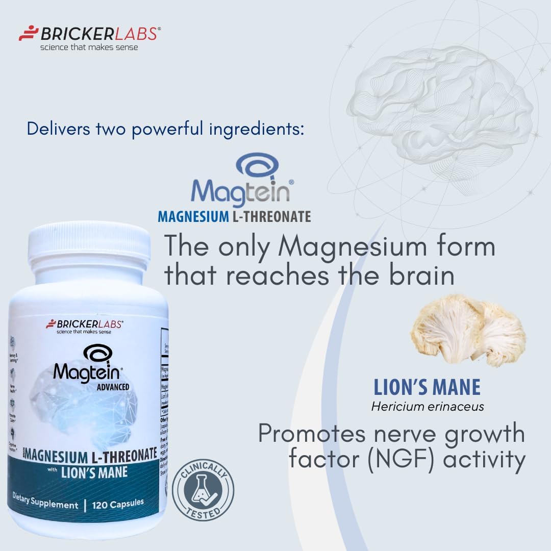 Bricker Labs Magtein® & Lion’s Mane-Advanced Magnesium L-Threonate Formula for Brain Health, Memory & Focus-Cognitive Support Supplement, 120 Capsules