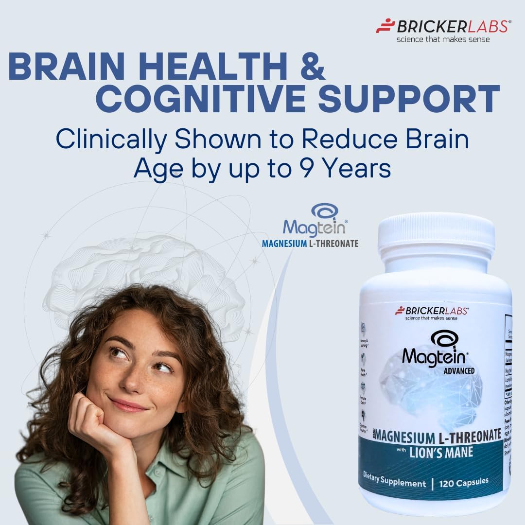 Bricker Labs Magtein® & Lion’s Mane-Advanced Magnesium L-Threonate Formula for Brain Health, Memory & Focus-Cognitive Support Supplement, 120 Capsules