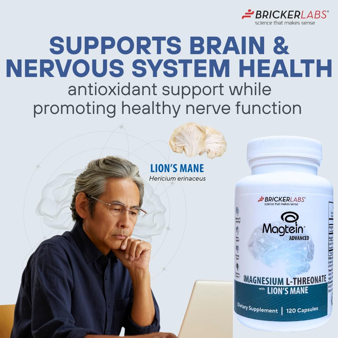 Bricker Labs Magtein® & Lion’s Mane-Advanced Magnesium L-Threonate Formula for Brain Health, Memory & Focus-Cognitive Support Supplement, 120 Capsules