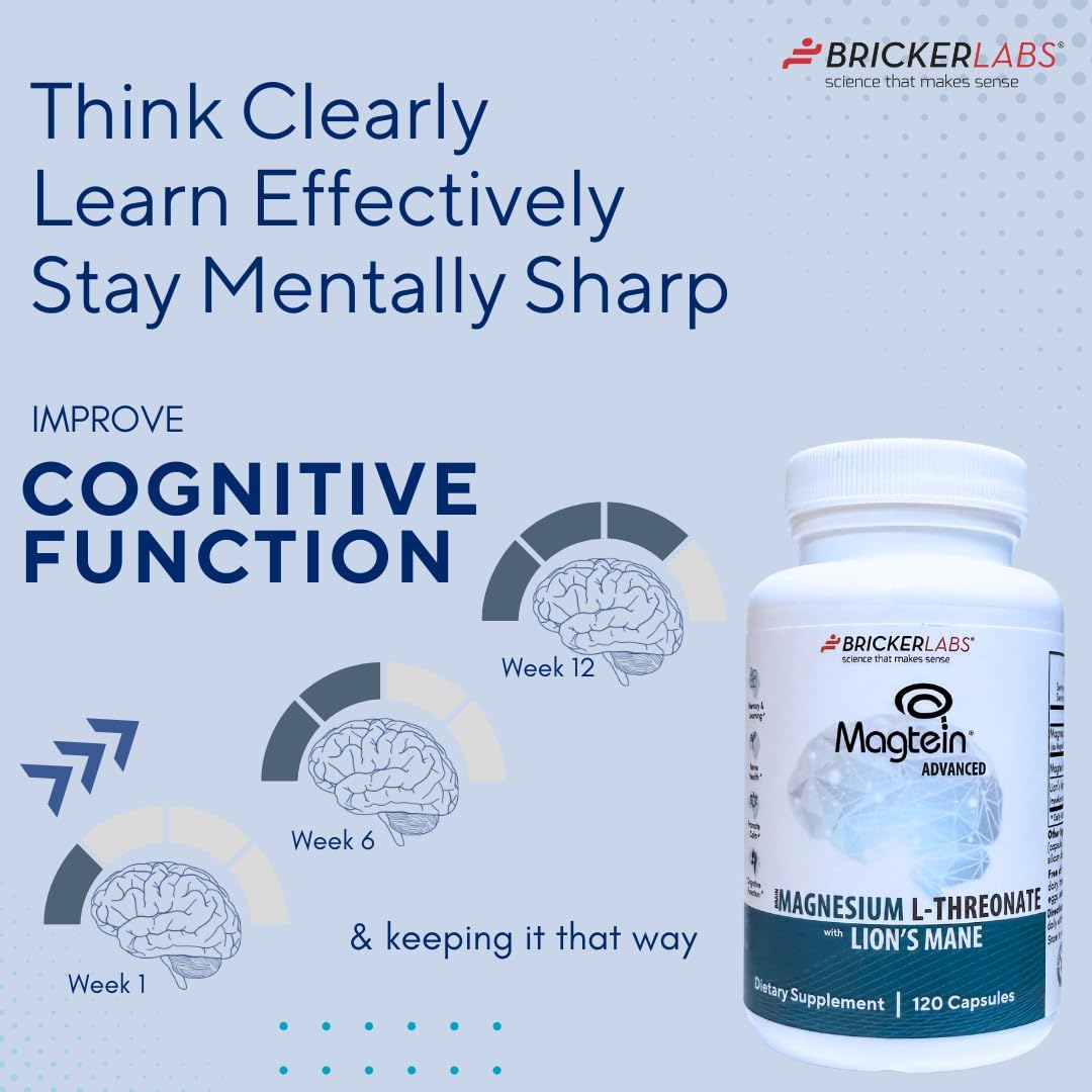 Bricker Labs Magtein® & Lion’s Mane-Advanced Magnesium L-Threonate Formula for Brain Health, Memory & Focus-Cognitive Support Supplement, 120 Capsules