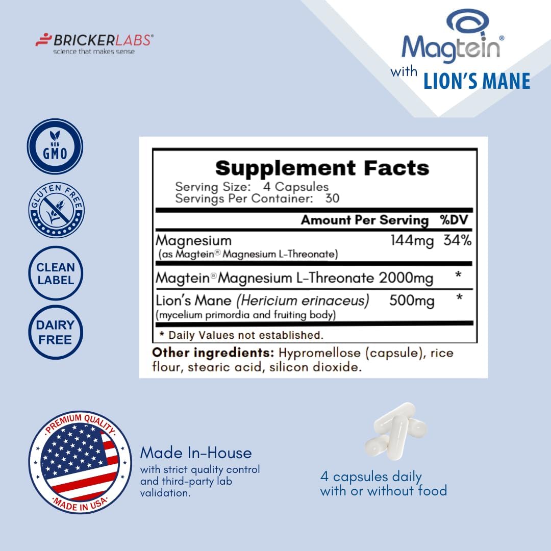 Bricker Labs Magtein® & Lion’s Mane-Advanced Magnesium L-Threonate Formula for Brain Health, Memory & Focus-Cognitive Support Supplement, 120 Capsules
