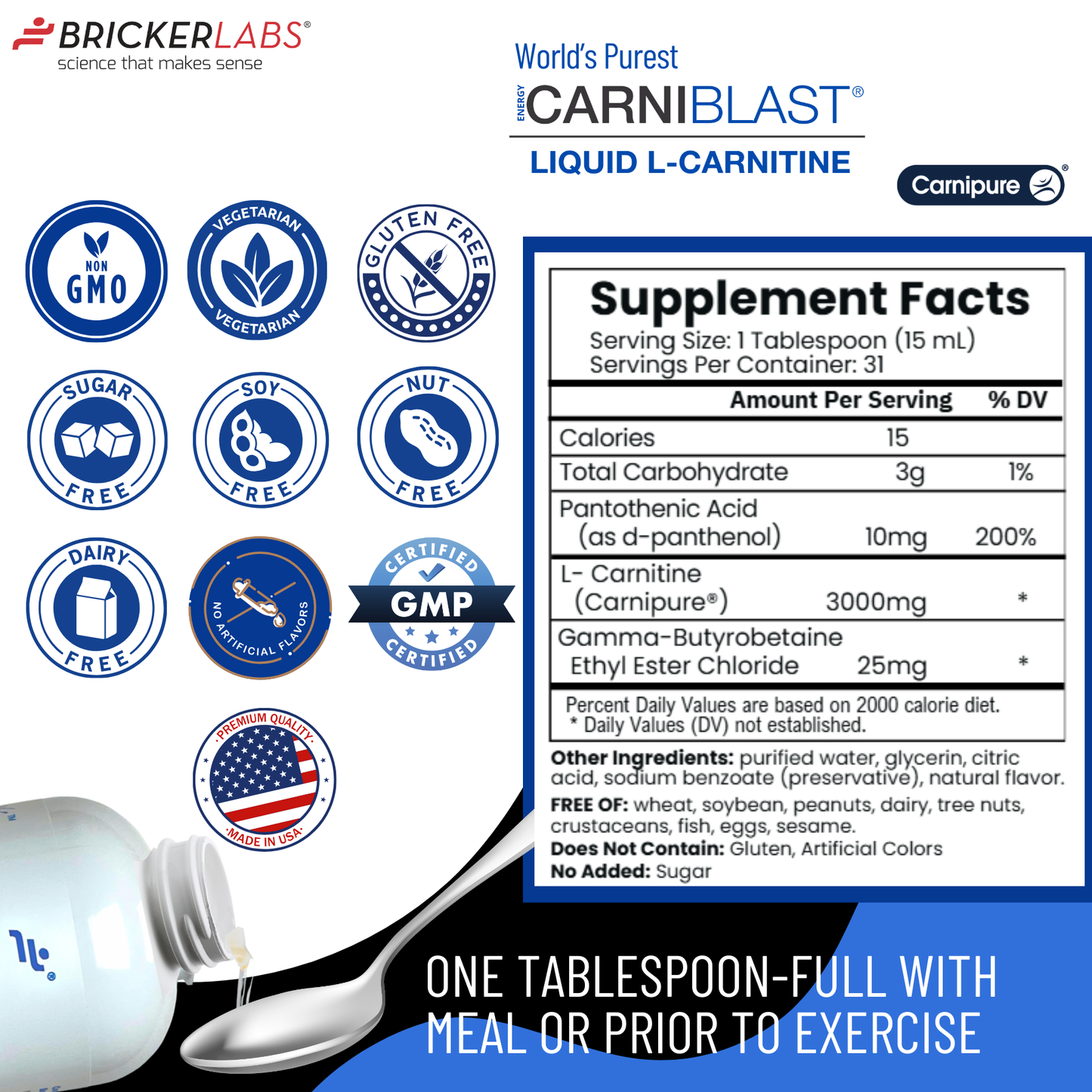 Bricker Labs CARNIBLAST Liquid L-Carnitine 3000mg plus GBB
