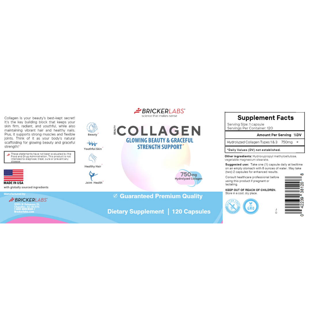 Collagen for Men & Women - Type I, III  Hydrolyzed Collagen Supplement 750mg, 1 collagen capsule daily - 120 servings