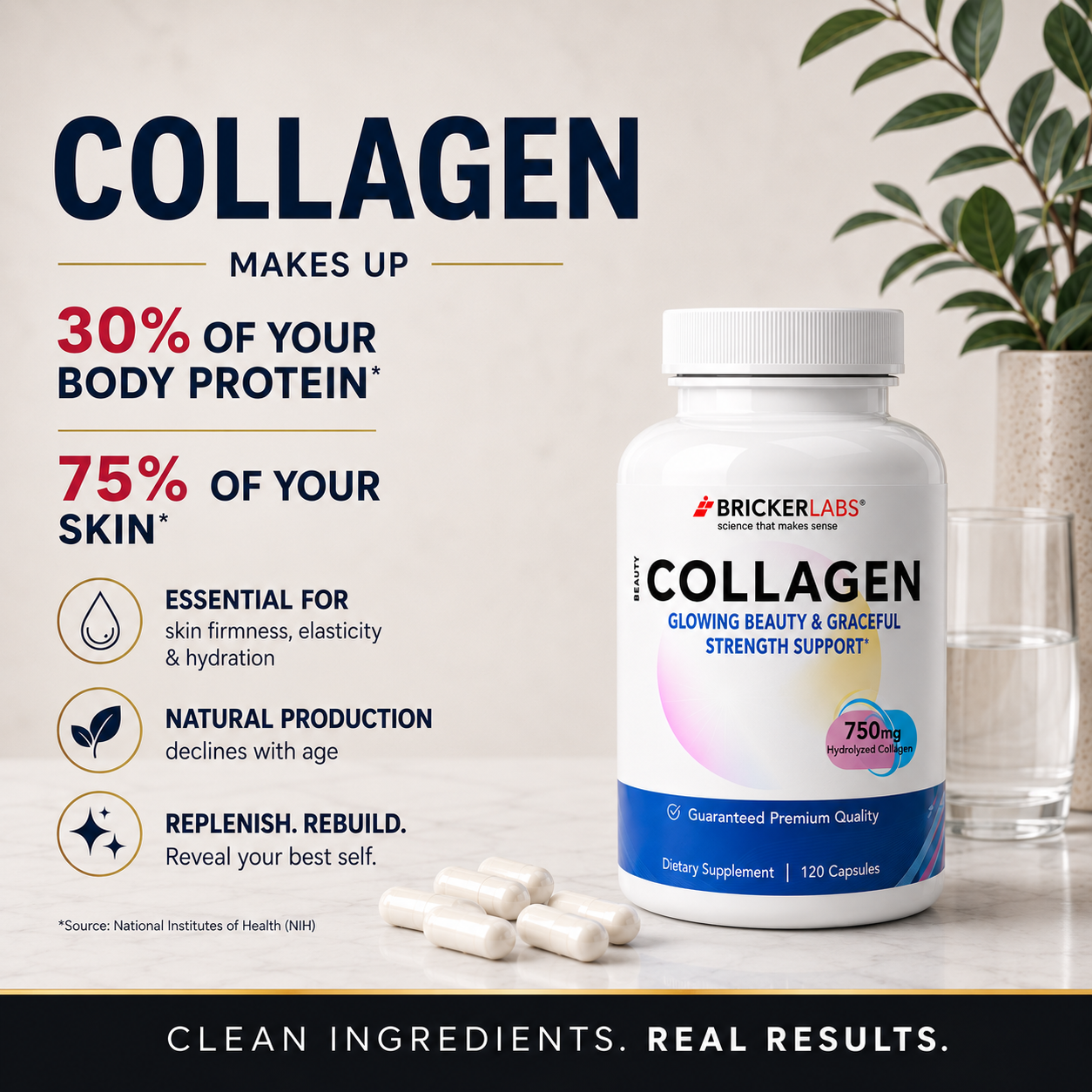 Collagen for Men & Women - Type I, III  Hydrolyzed Collagen Supplement 750mg, 1 collagen capsule daily - 120 servings