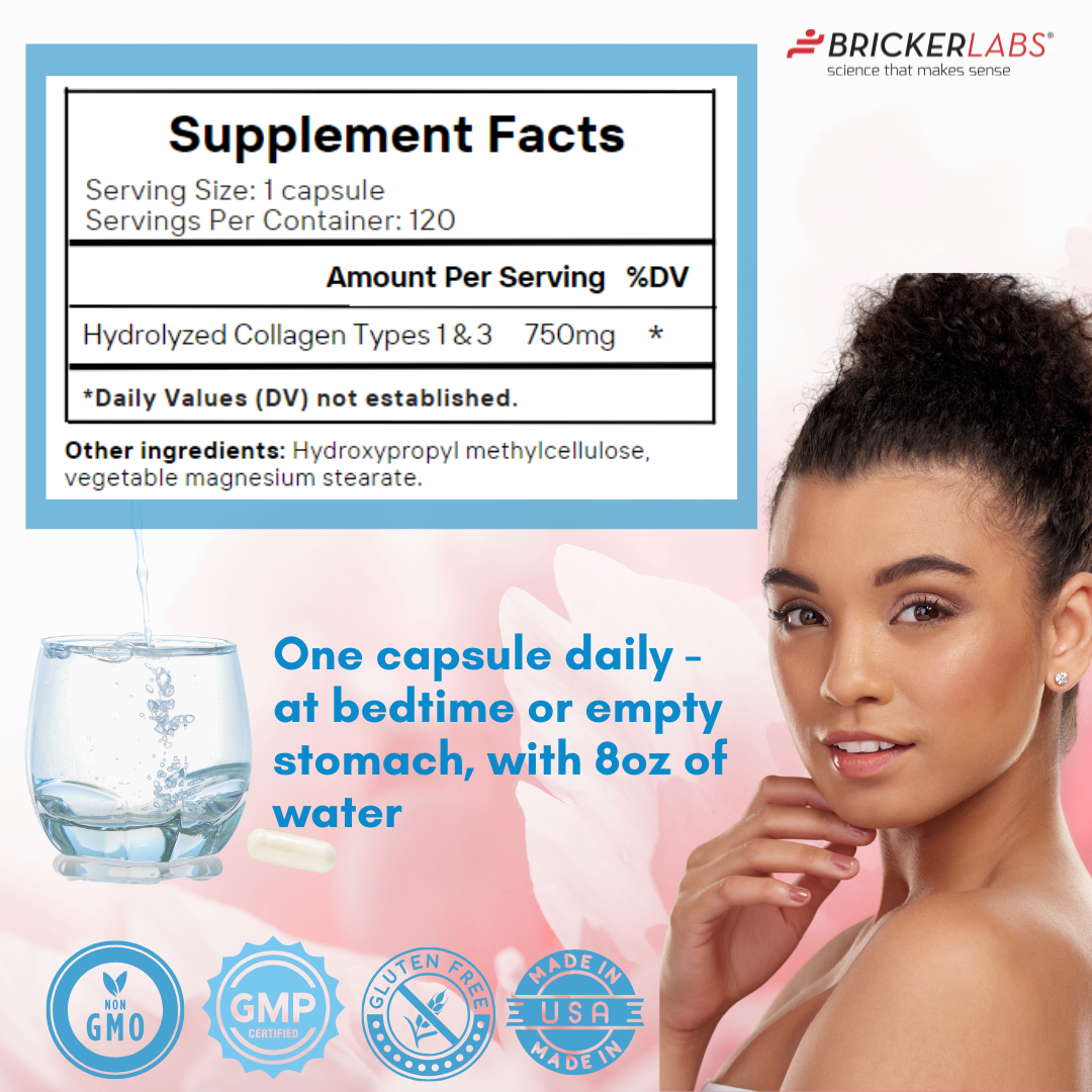 Collagen for Men & Women - Type I, III  Hydrolyzed Collagen Supplement 750mg, 1 collagen capsule daily - 120 servings