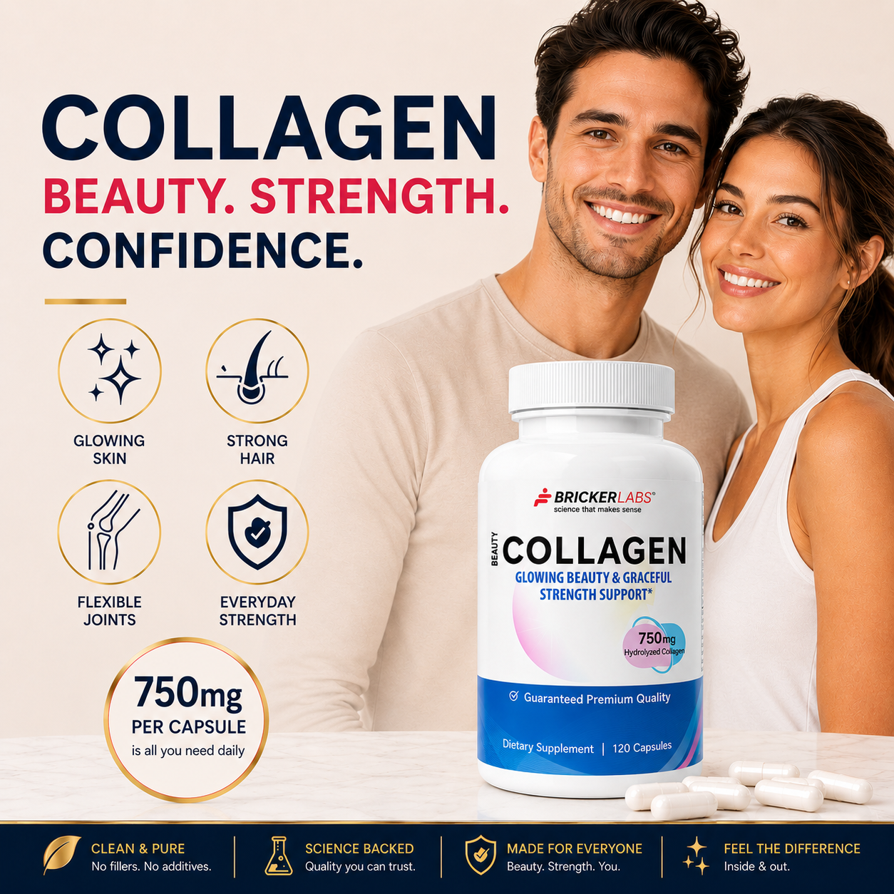 Collagen for Men & Women - Type I, III  Hydrolyzed Collagen Supplement 750mg, 1 collagen capsule daily - 120 servings