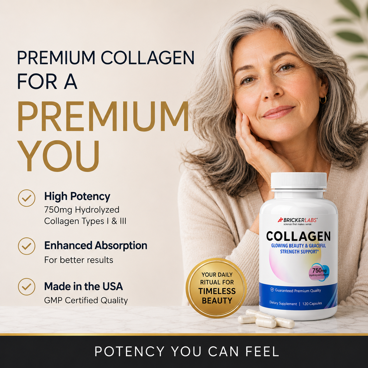 Collagen for Men & Women - Type I, III  Hydrolyzed Collagen Supplement 750mg, 1 collagen capsule daily - 120 servings