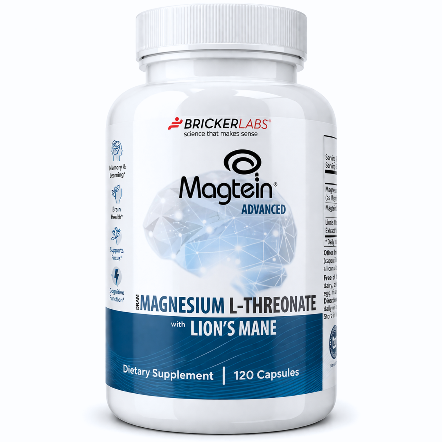 Bricker Labs Magtein® & Lion’s Mane-Advanced Magnesium L-Threonate Formula for Brain Health, Memory & Focus-Cognitive Support Supplement, 120 Capsules