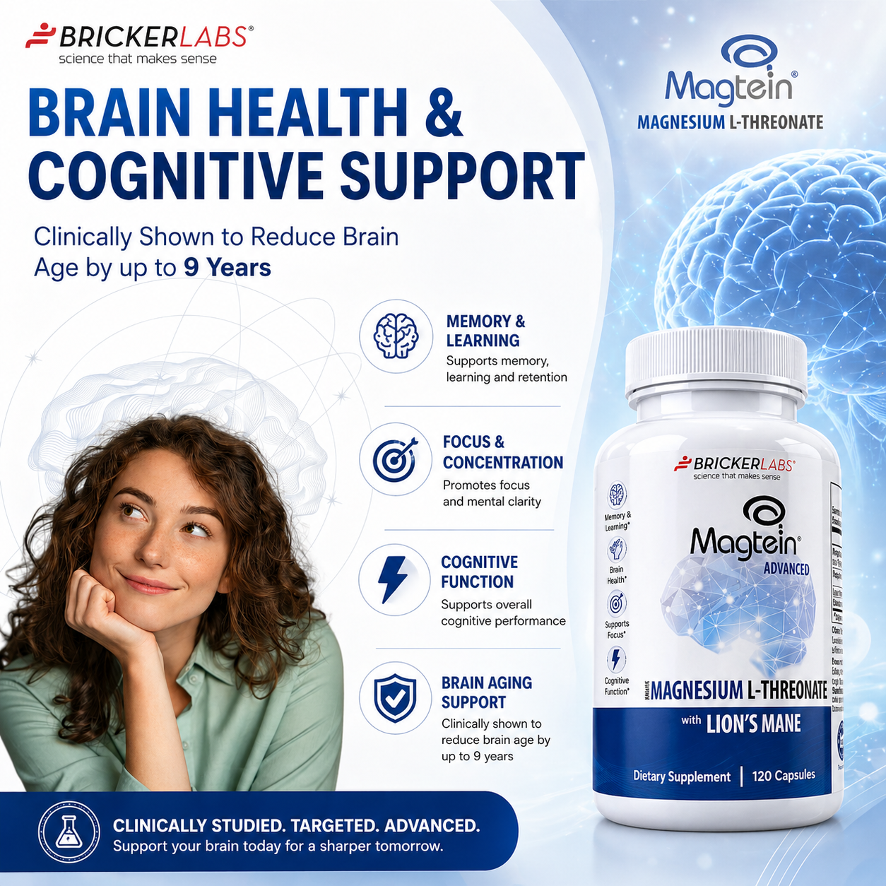 Bricker Labs Magtein® & Lion’s Mane-Advanced Magnesium L-Threonate Formula for Brain Health, Memory & Focus-Cognitive Support Supplement, 120 Capsules
