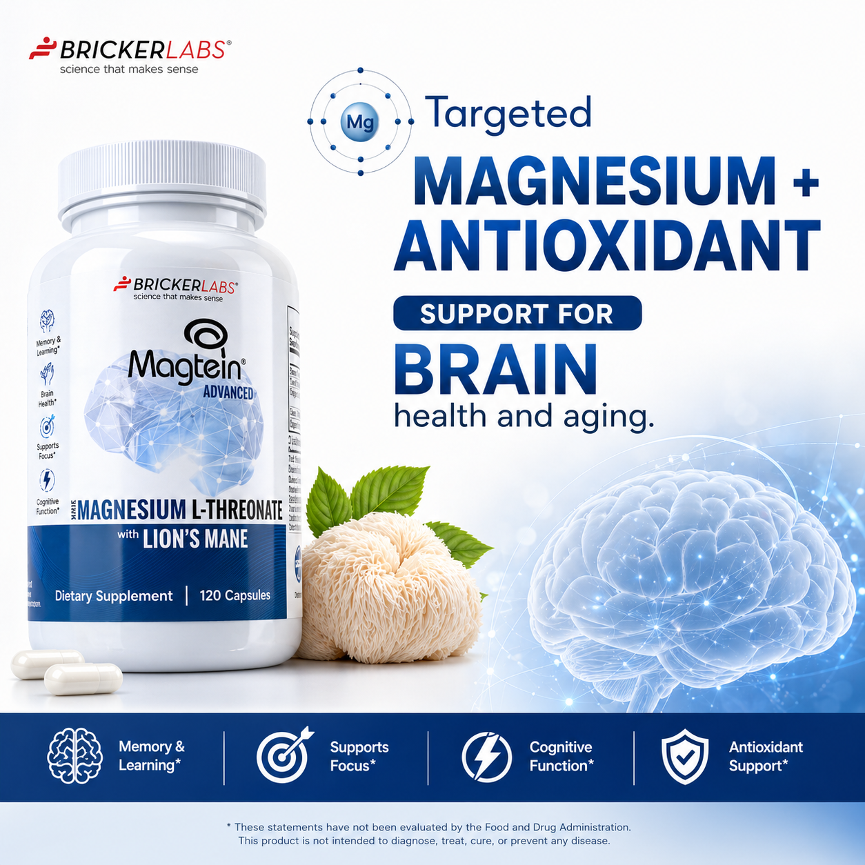 Bricker Labs Magtein® & Lion’s Mane-Advanced Magnesium L-Threonate Formula for Brain Health, Memory & Focus-Cognitive Support Supplement, 120 Capsules
