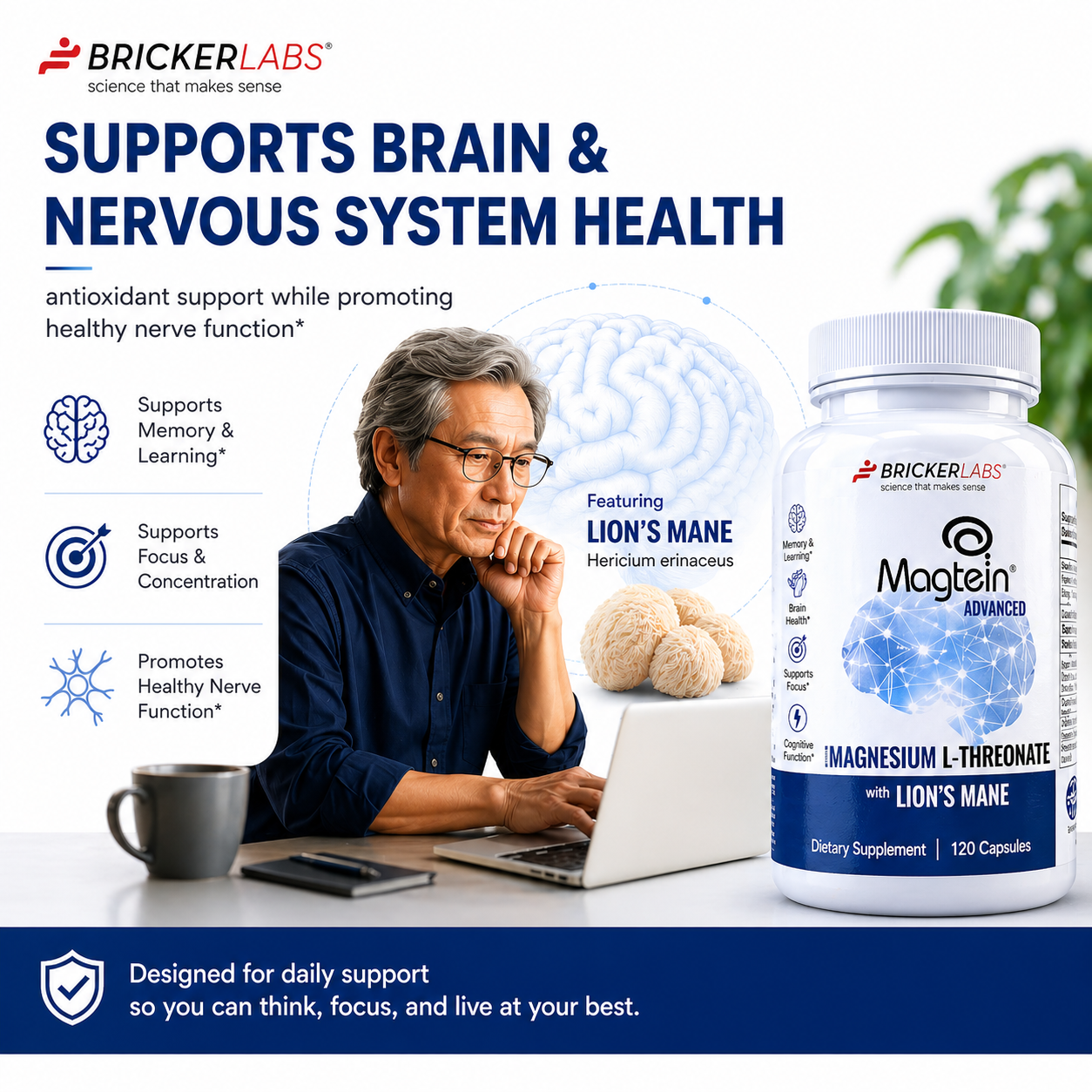 Bricker Labs Magtein® & Lion’s Mane-Advanced Magnesium L-Threonate Formula for Brain Health, Memory & Focus-Cognitive Support Supplement, 120 Capsules