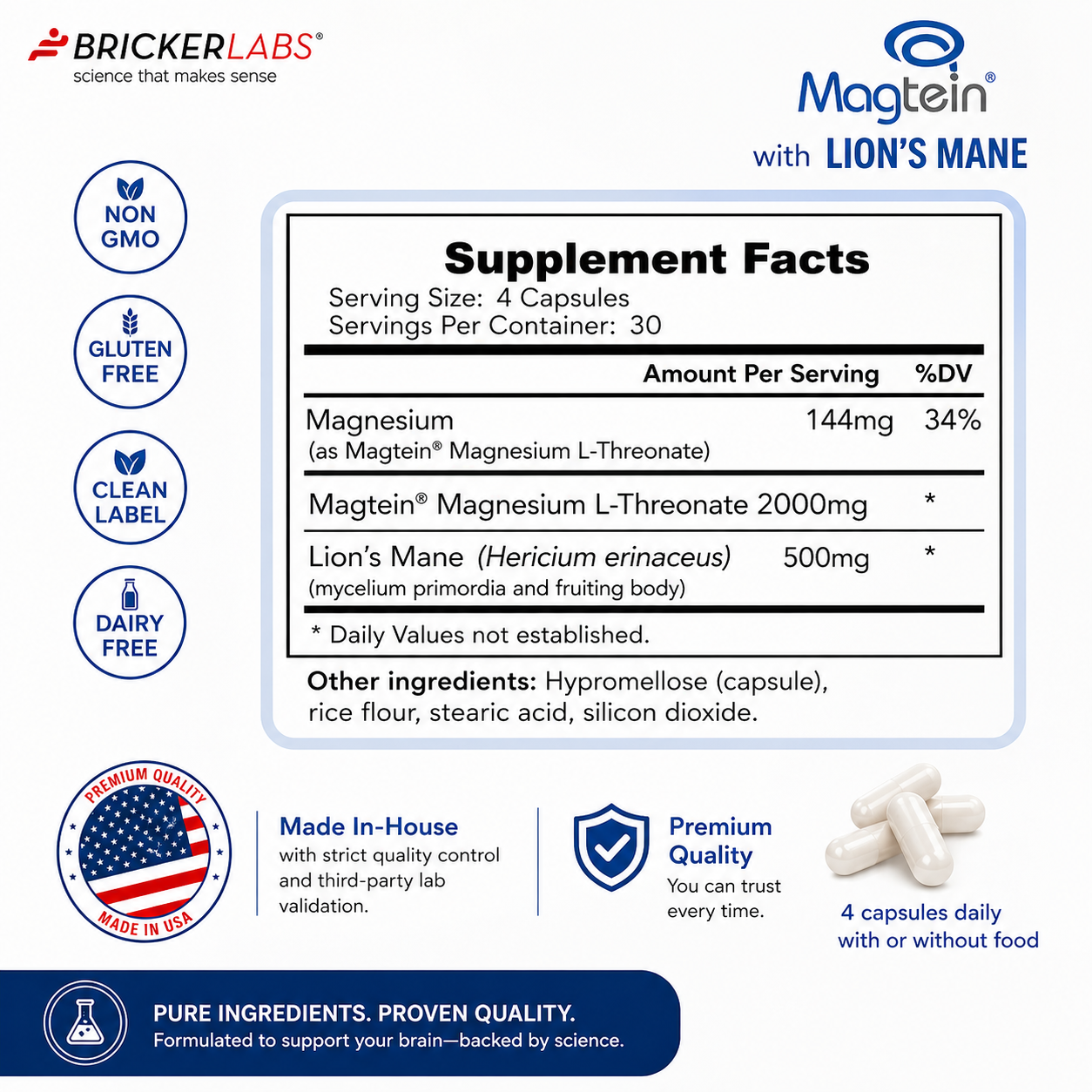 Bricker Labs Magtein® & Lion’s Mane-Advanced Magnesium L-Threonate Formula for Brain Health, Memory & Focus-Cognitive Support Supplement, 120 Capsules