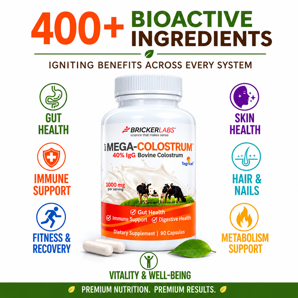 Mega-Colostrum Capsules, Gut Health, Immune Health, Healthy Skin & Hair 1000mg bovine colostrum 90 capsules
