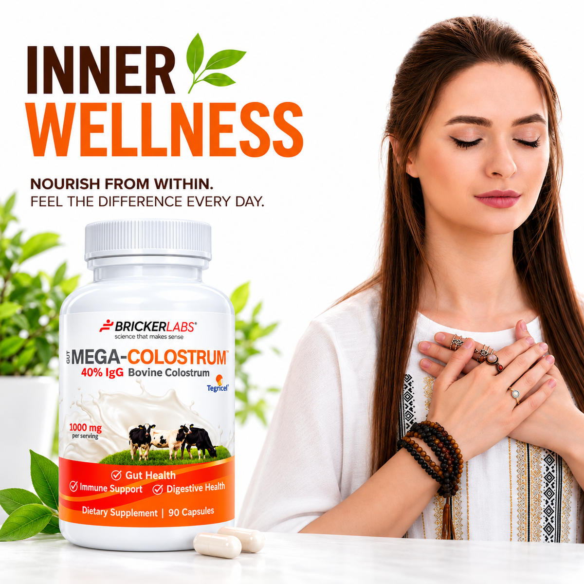 Mega-Colostrum Capsules, Gut Health, Immune Health, Healthy Skin & Hair 1000mg bovine colostrum 90 capsules