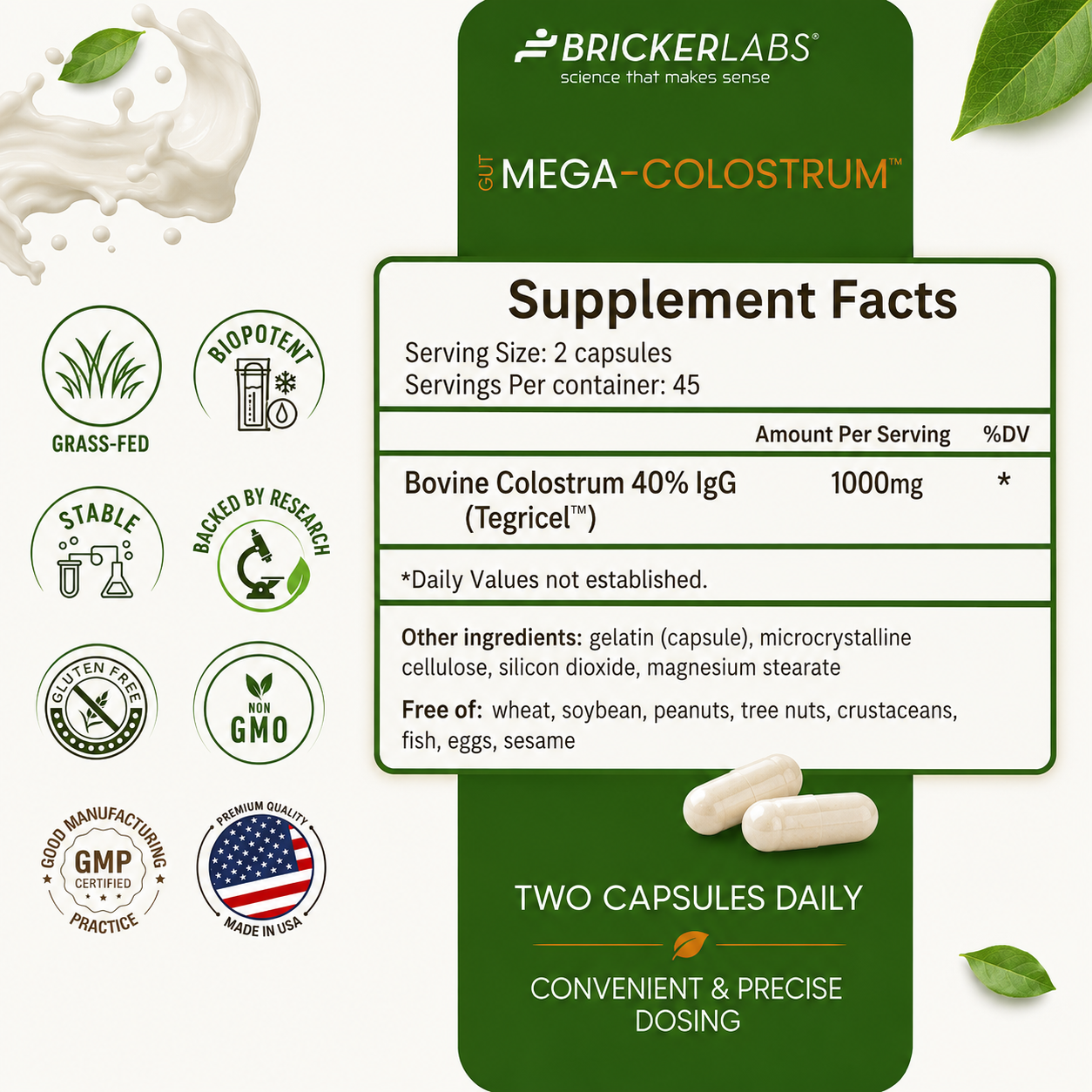 Mega-Colostrum Capsules, Gut Health, Immune Health, Healthy Skin & Hair 1000mg bovine colostrum 90 capsules