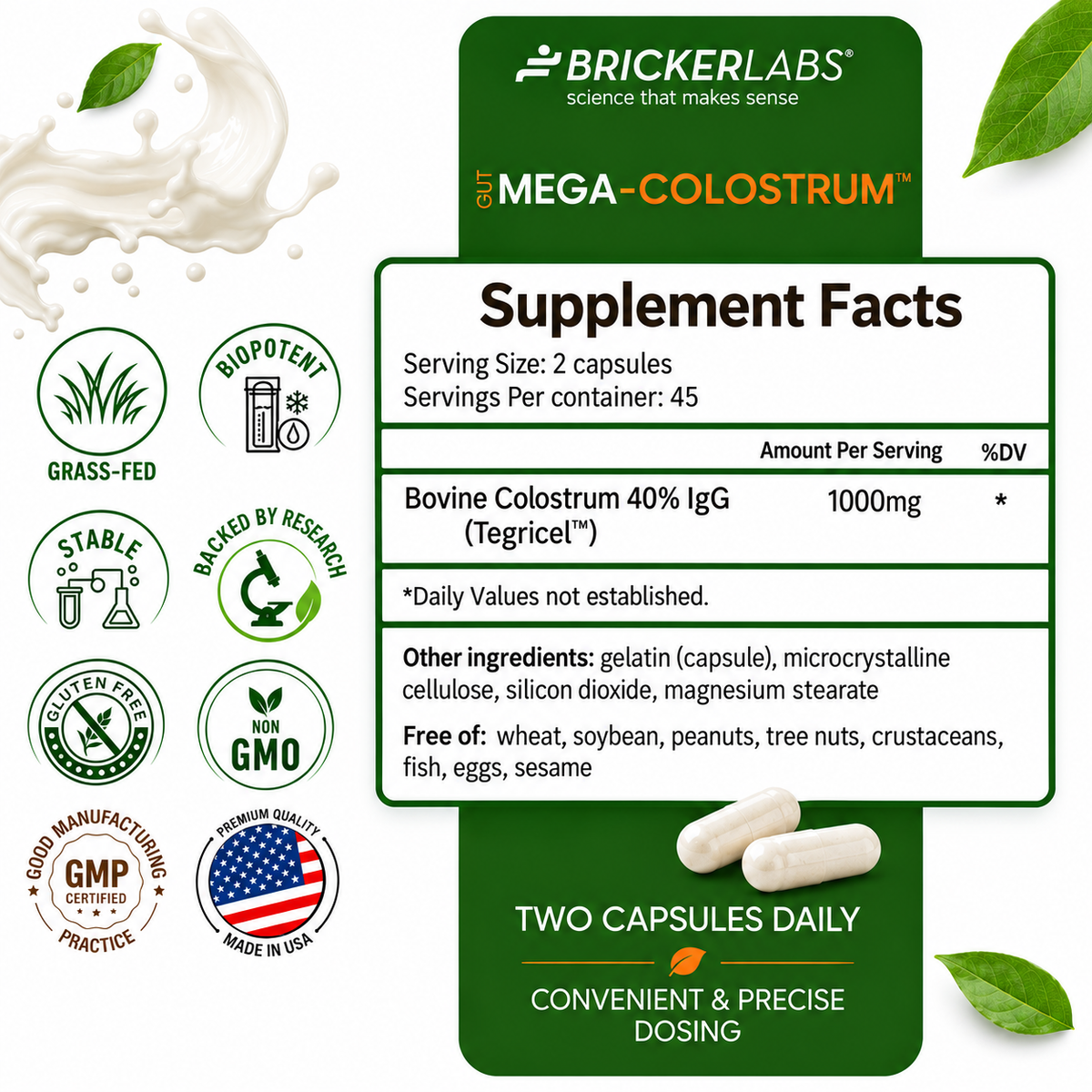 Mega-Colostrum Capsules, Gut Health, Immune Health, Healthy Skin & Hair 1000mg bovine colostrum 90 capsules