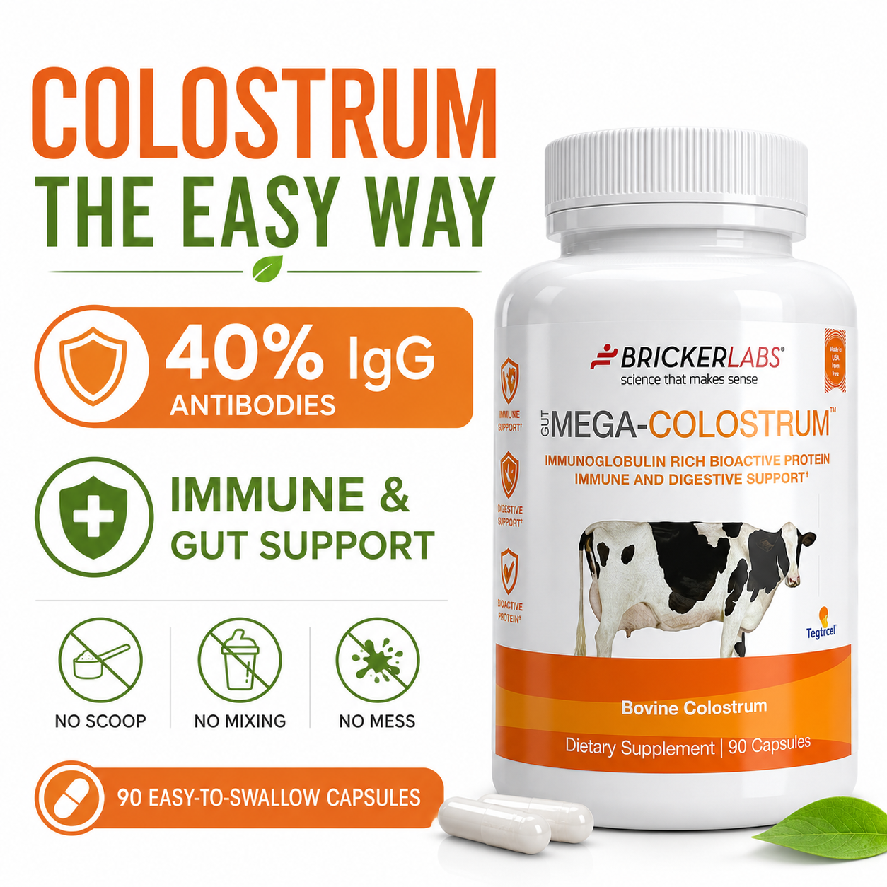 Mega-Colostrum Capsules, Gut Health, Immune Health, Healthy Skin & Hair 1000mg bovine colostrum 90 capsules