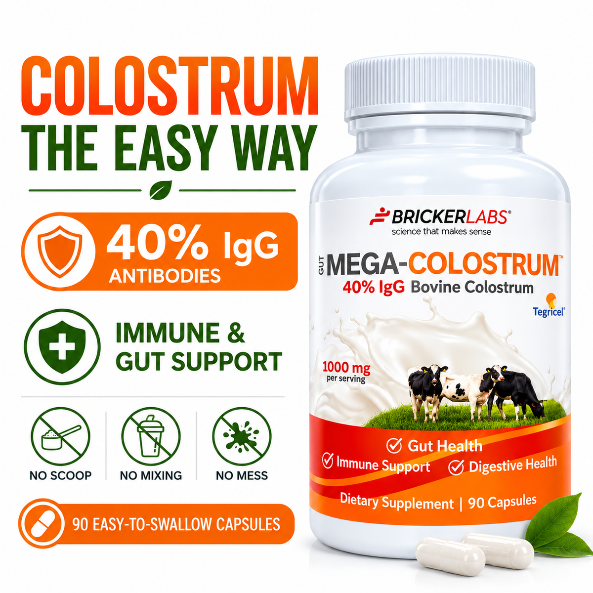 Mega-Colostrum Capsules, Gut Health, Immune Health, Healthy Skin & Hair 1000mg bovine colostrum 90 capsules